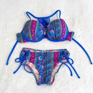 Blue graphic floral Swimsuit Bikini Set Push Up bra Size
36B